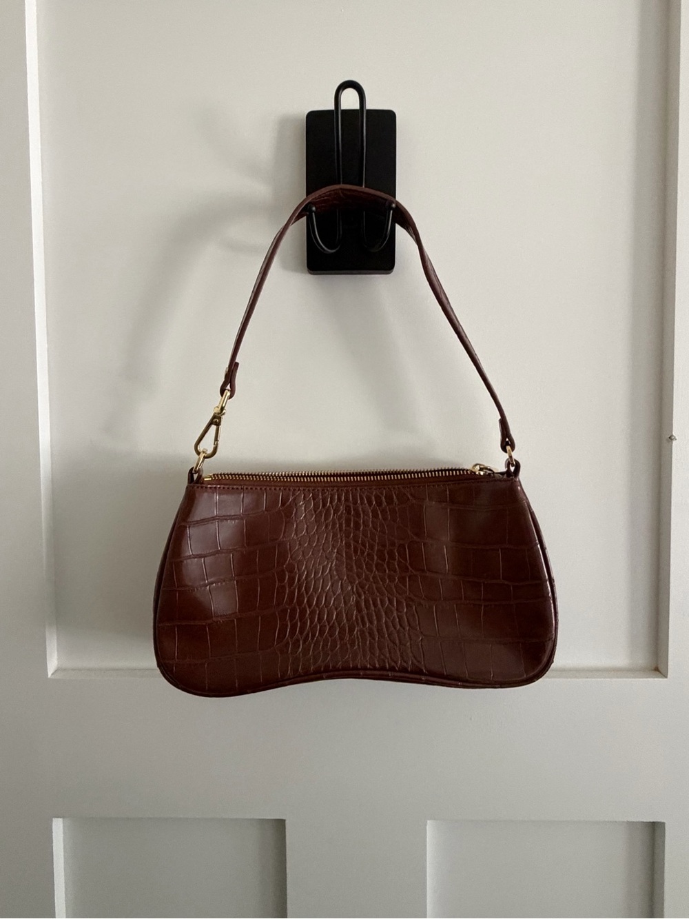 JW PEI Brown Croc-Embossed Shoulder Bag with Gold Hardware